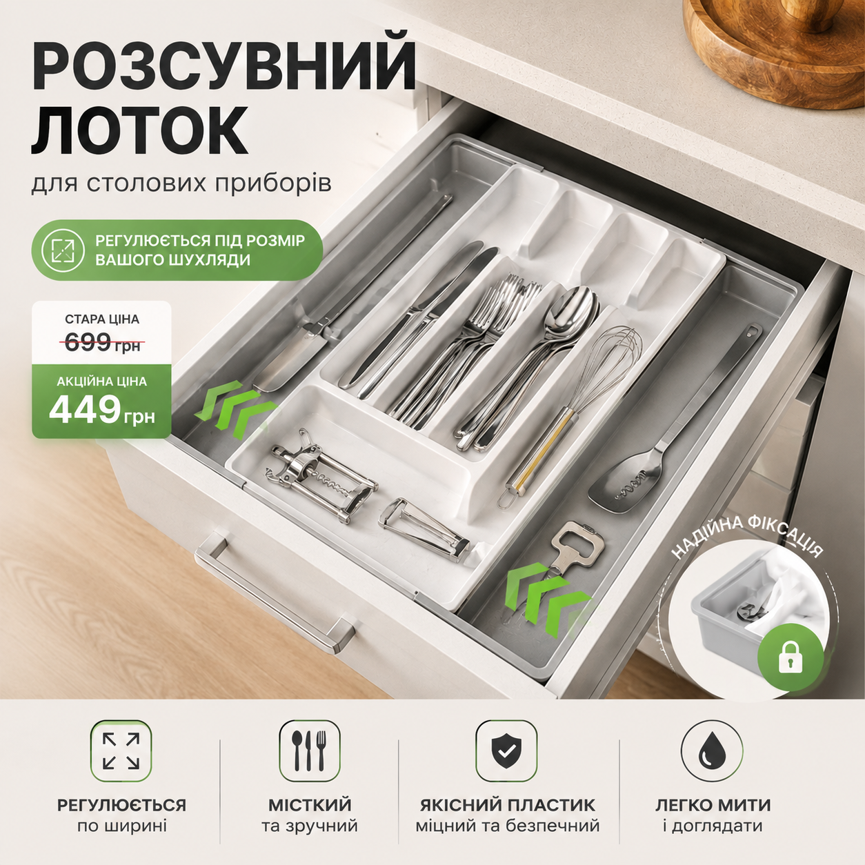Жінка бачить безлад у шухляді та впорядкований розсувний лоток