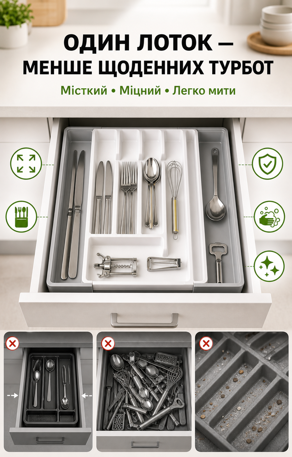 Переваги розсувного лотка для підтримання порядку в кухонній шухляді